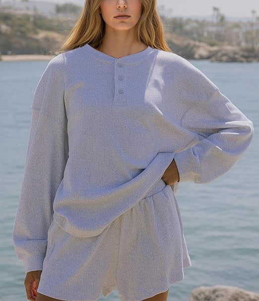 Damen Langarm-Pullover Lässig Knopfdetails Grau Eveloria
