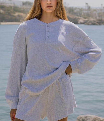 Damen Langarm-Pullover Lässig Knopfdetails Grau Eveloria
