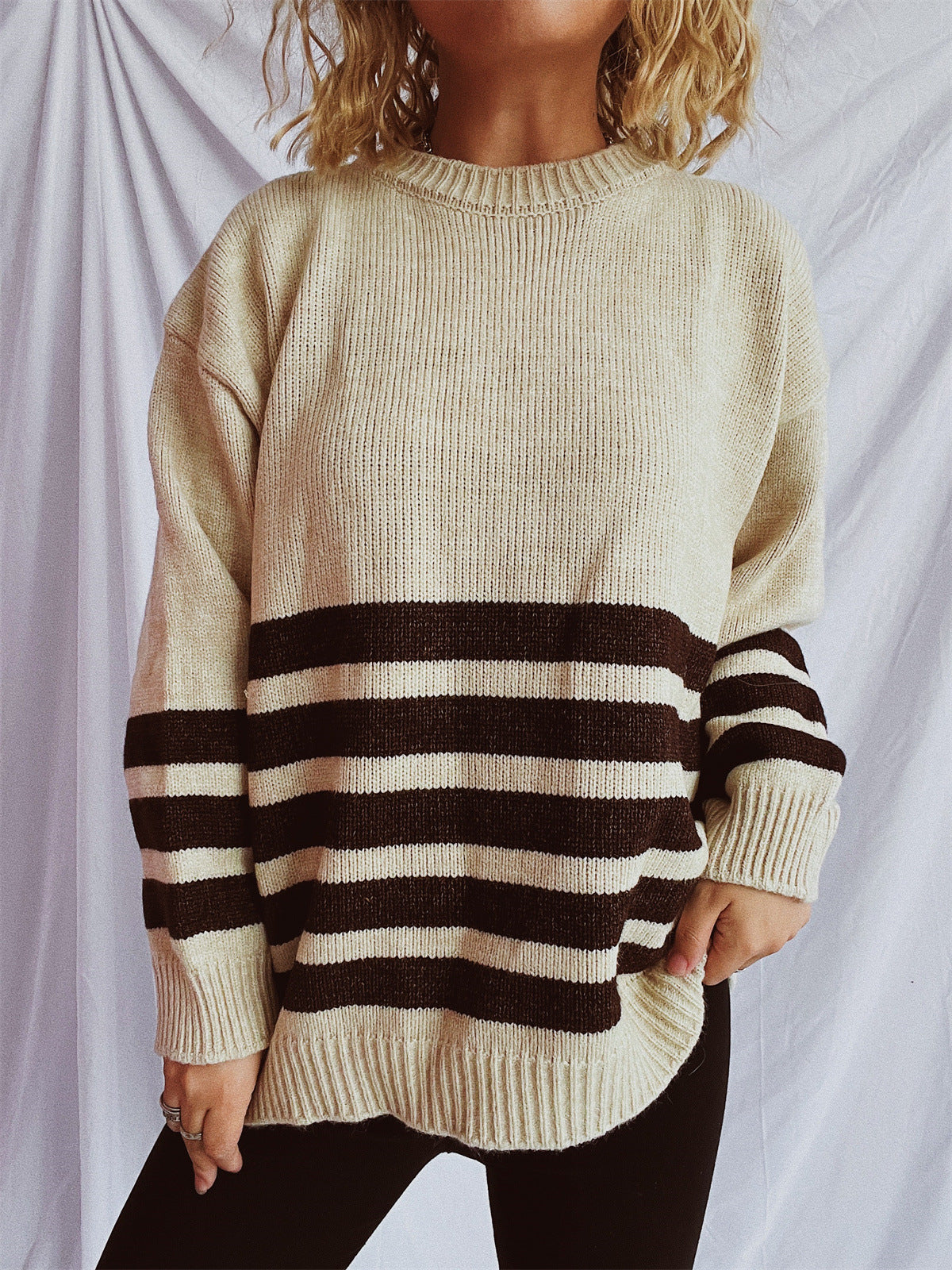 Damen Strickpullover Breites Streifenmuster Eveloria