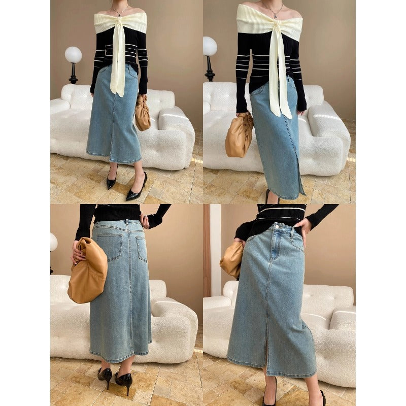 Damen Oberteil Off-Shoulder Design Bindegürtel Elegant