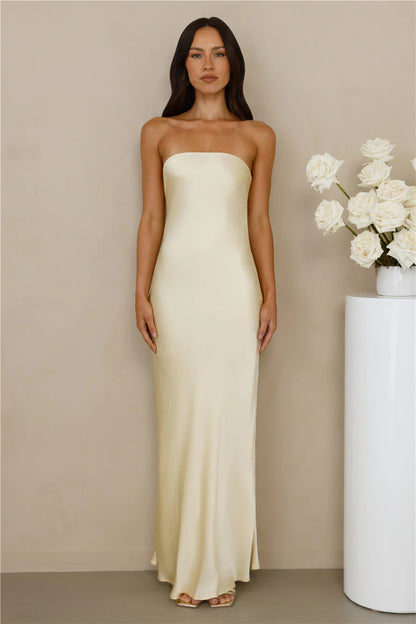 Damen Schulterfreies Maxikleid Satinoptik Elegant Eveloria