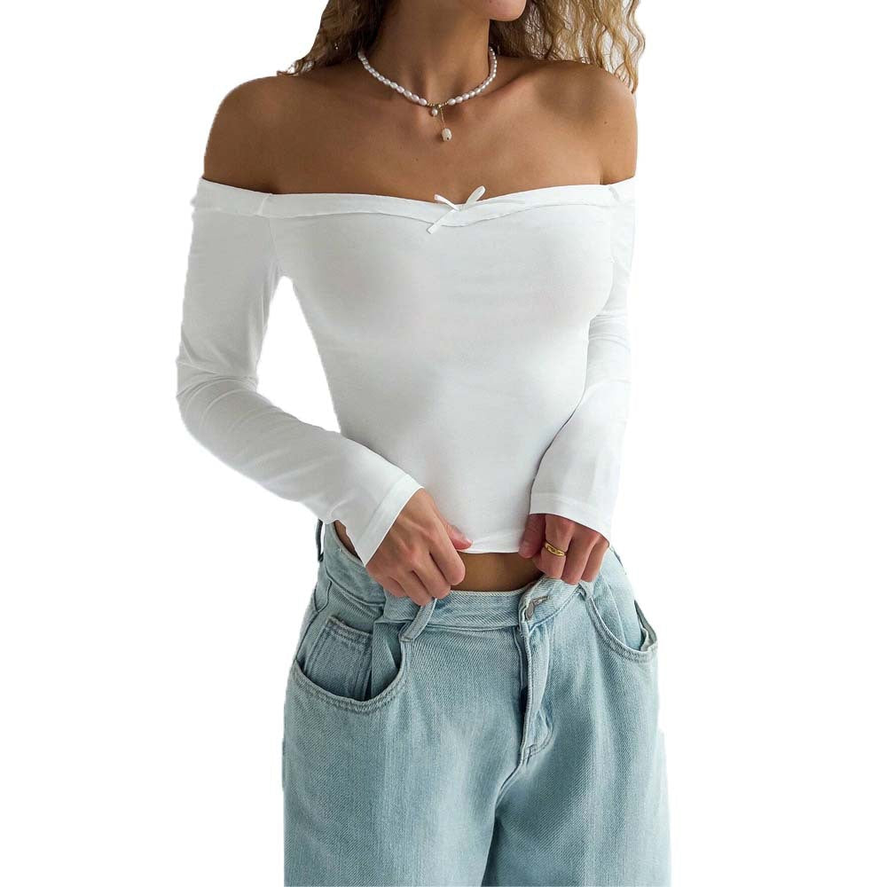 Damen Off-Shoulder Oberteil Langarm Elegantes Schleifendetail