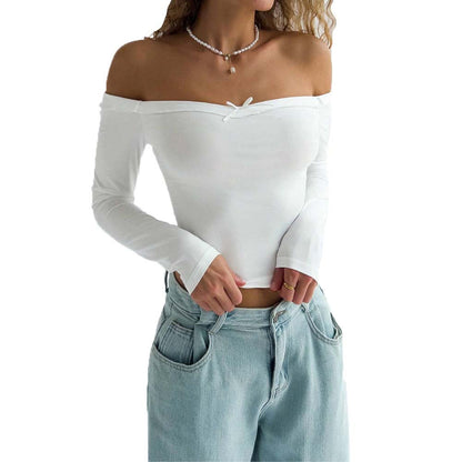 Damen Off-Shoulder Oberteil Langarm Elegantes Schleifendetail