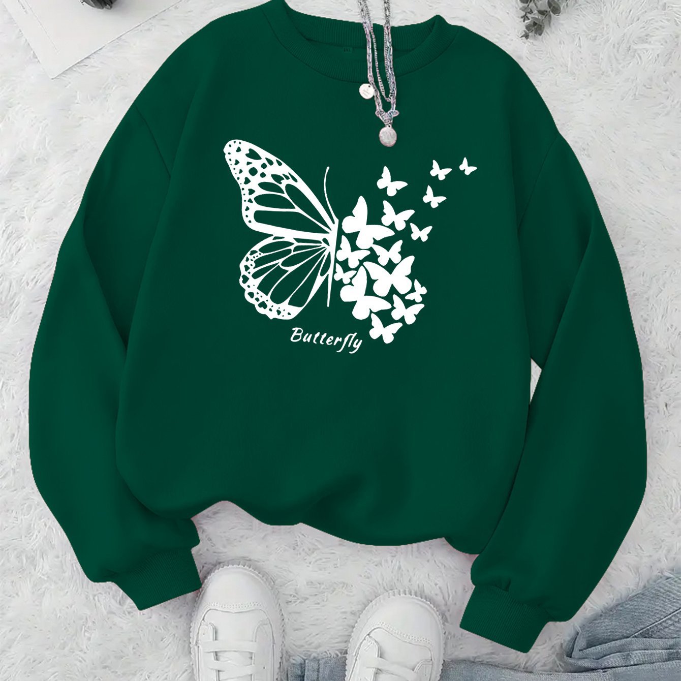Damen Sweatshirt Schmetterlingsmotiv Lässiger Schnitt Grau Eveloria