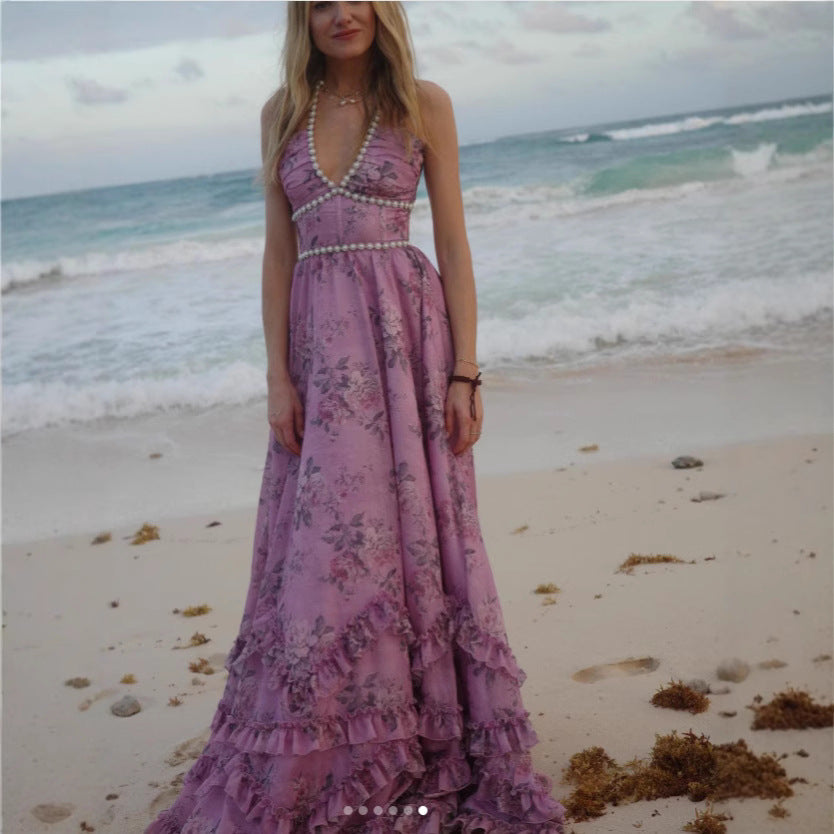 Damen Maxikleid Rüschen Schimmerstoff Eveloria