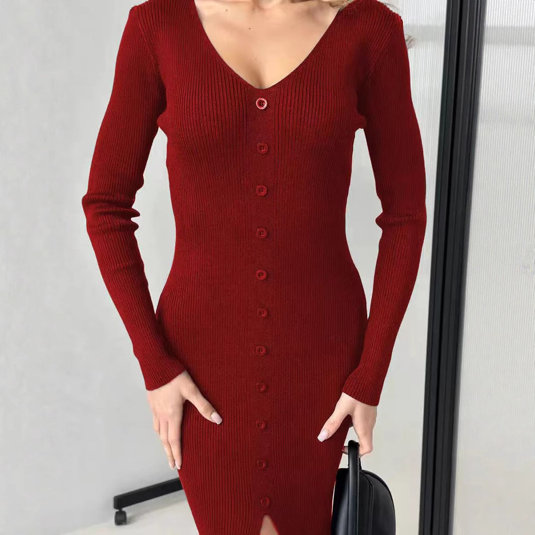 Damen Strickkleid Hochknöpfe Tiefes V Eveloria