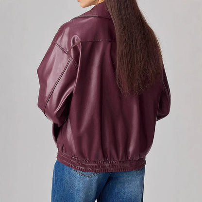 Damen Oversized Kunstlederjacke schmal Reißverschluss