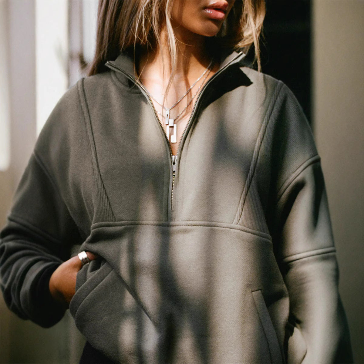 Damen Kapuzenpullover Stehkragen Modern Passform