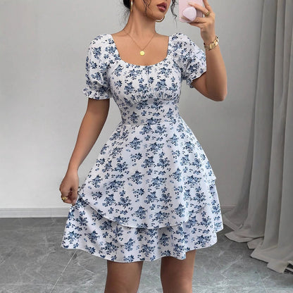 Damen Minikleid Blütenprint Puffärmel Schwarz - Eveloria