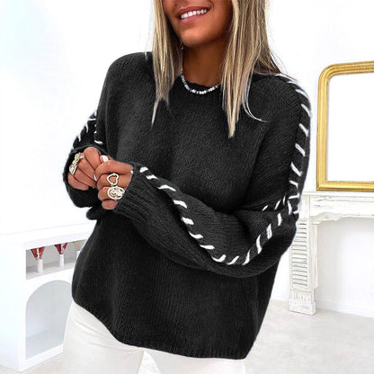 Damen Strickpullover Weich Kontrastbesatz Beige
