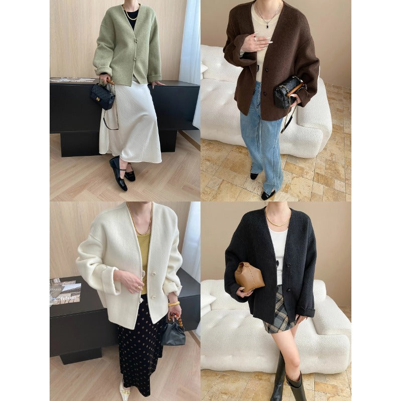 Damen Wolljacke Lässig Doppelter Knopfverschluss Beige