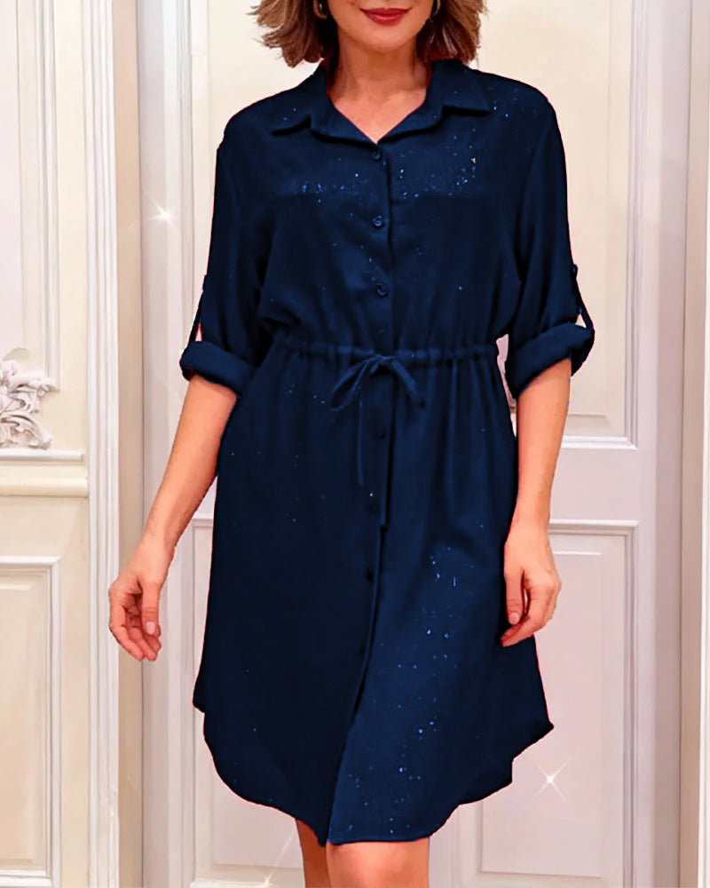 Damen Hemdblusenkleid Taillenzug Schimmernd Eveloria