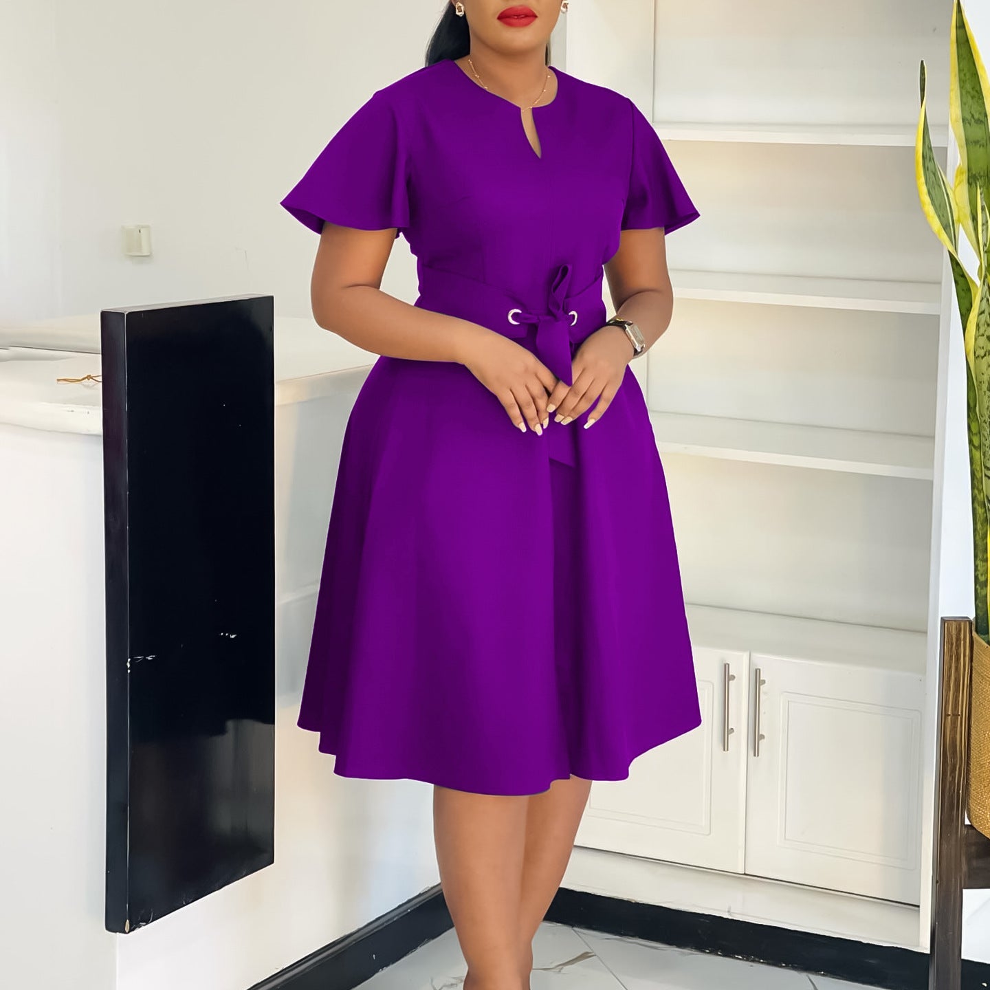 Damen Wickelkleid Sommer Leicht Taillengürtel Eveloria