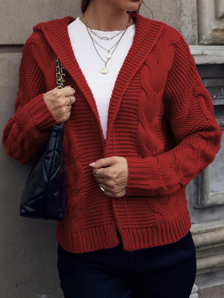 Damen Cardigan Grobstrick Kapuze Zopfmuster Beige