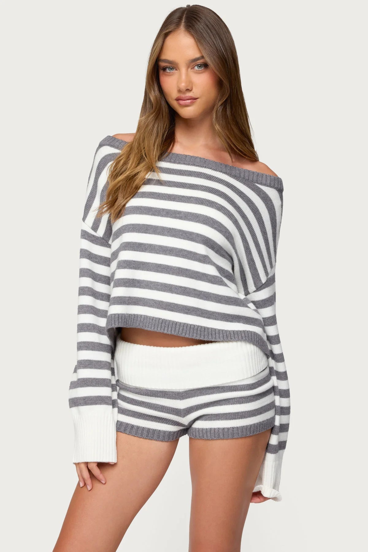 Damen Strickset Cropped mit Streifen Weite Passform