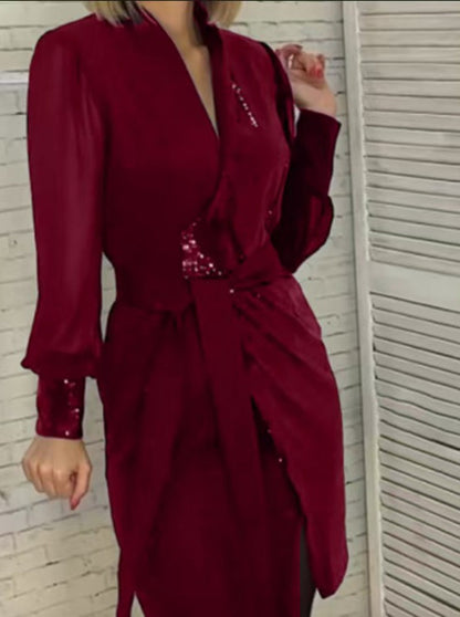 Damen Wickelkleid Pailletten Taillengürtel Eveloria