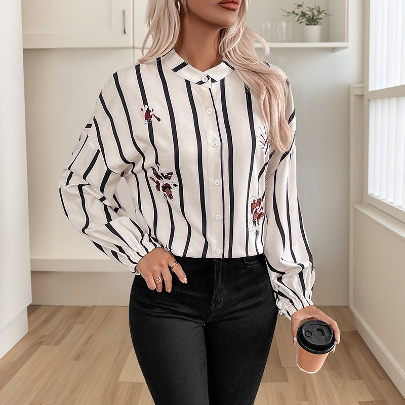 Damen Bluse Streifen Stickerei Puffärmel Elegante Bluse