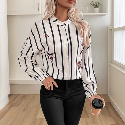 Damen Bluse Streifen Stickerei Puffärmel Elegante Bluse