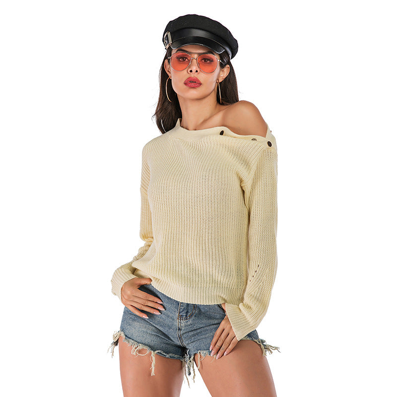 Damen Off-Shoulder Strickpullover mit Knopfdetails