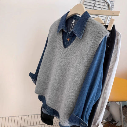 Damen Strickpullover V-Ausschnitt Lässiger Denim Look Blau