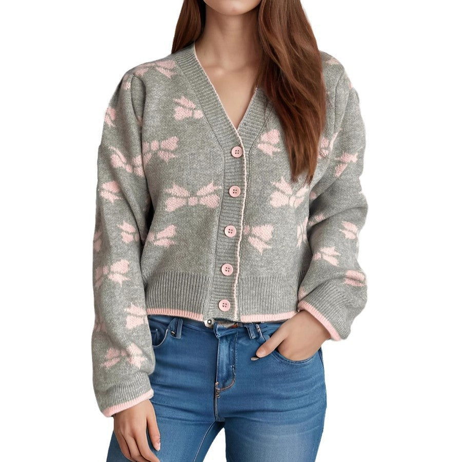 Damen Strickjacke Kuschelig Dekoratives Motiv Beige