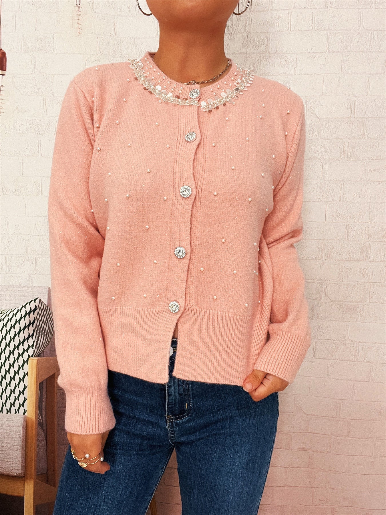 Damen Strickjacke Perlenbesatz Eveloria