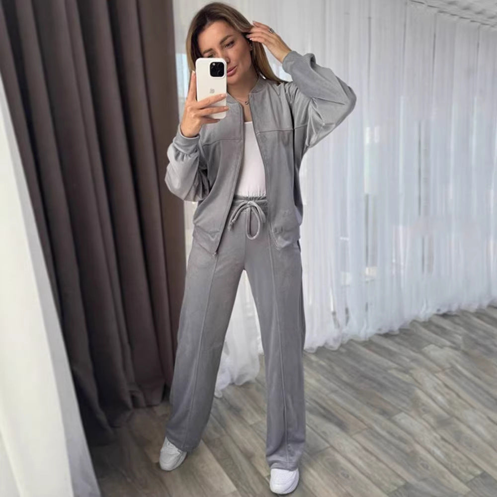 Damen Velours Jogginganzug Hochkragen Praktische Taschen
