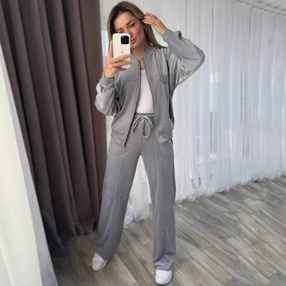 Damen Velours Jogginganzug Hochkragen Praktische Taschen