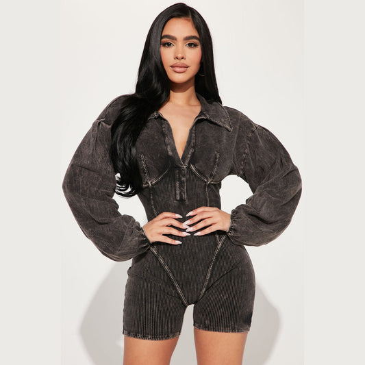 Damen Jumpsuit Puffärmel Rippstruktur Eveloria - Eveloria