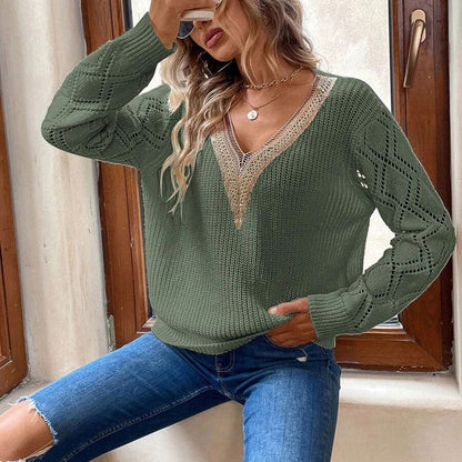 Damen Strickpullover V-Ausschnitt Eingrifftaschen Eveloria
