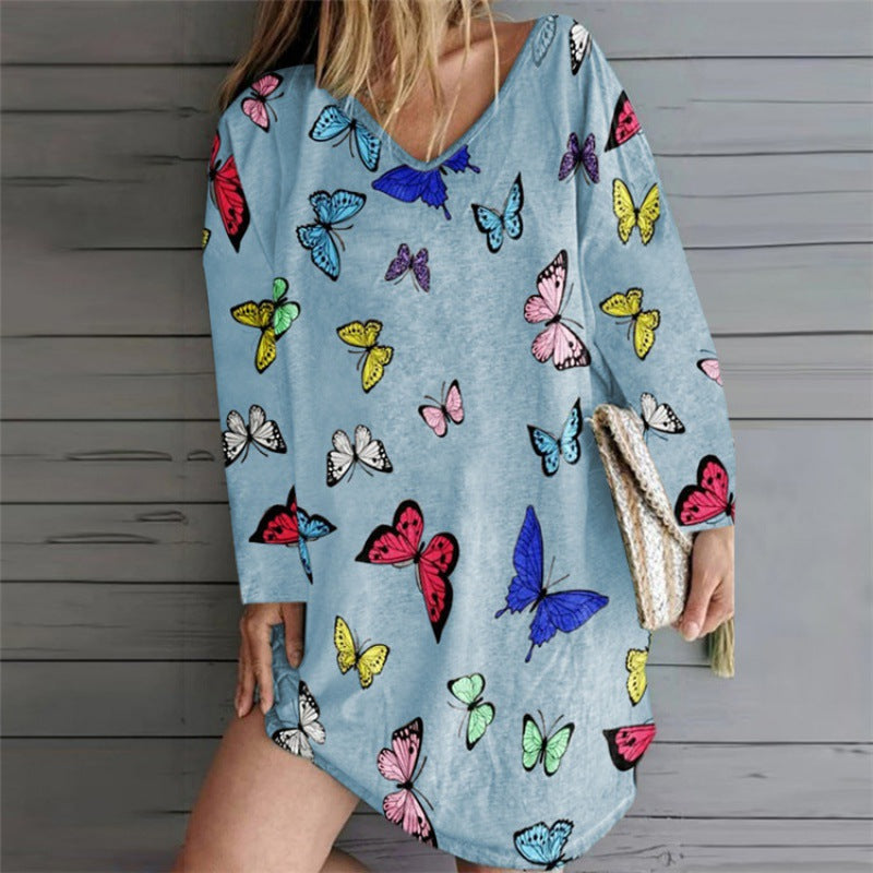 Damen Freizeitkleid mit Schmetterlingsmuster V-Ausschnitt Bunt
