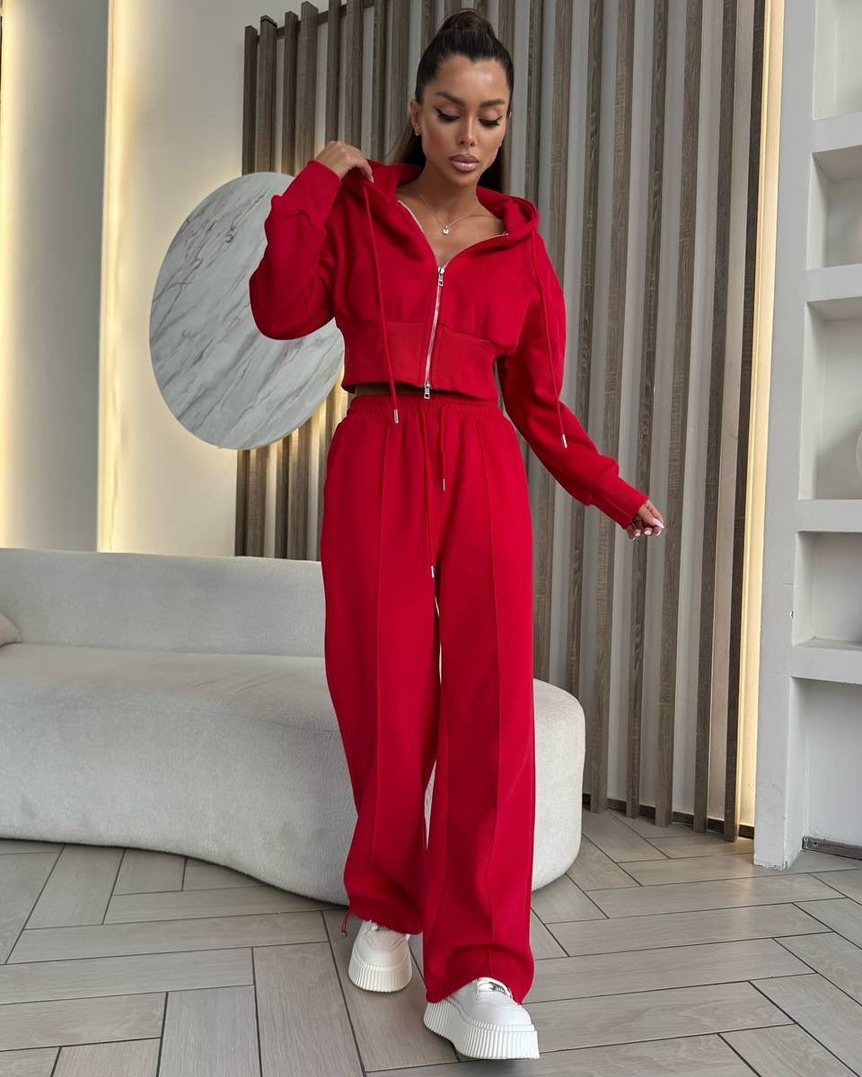 Damen Sportliches Zweiteiliges Set Cropped Hoodie Jogginghosen