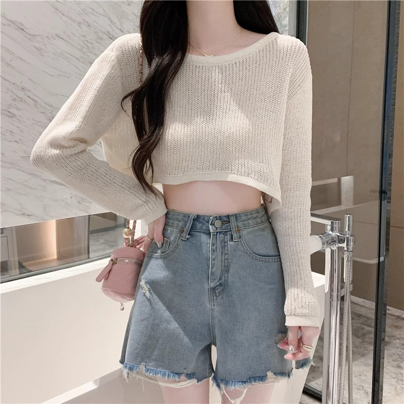 Damen Cropped Pullover Feines Muster Lässig