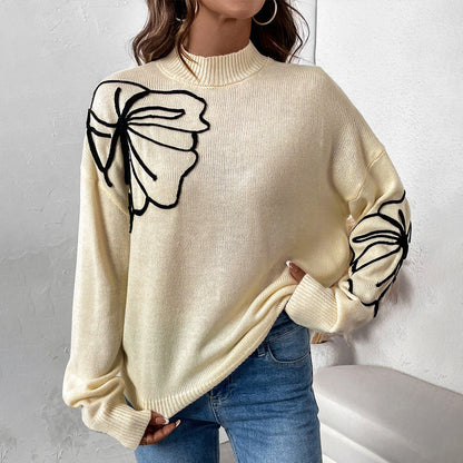 Damen Strickpullover Florales Design Hoher Kragen Eveloria - Eveloria