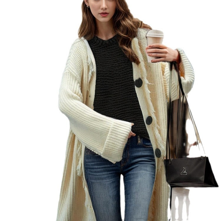 Damen Grobstrick Cardigan mit Fransen und Knöpfen Beige