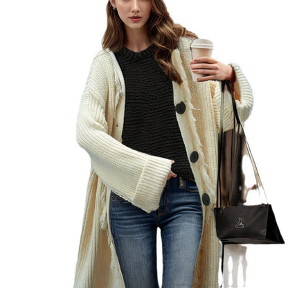 Damen Grobstrick Cardigan mit Fransen und Knöpfen Beige