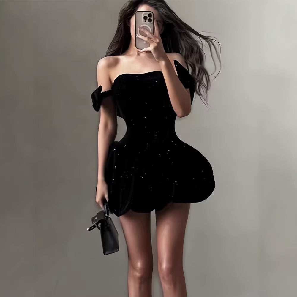 Damen Cocktailkleid Schulterfrei Glitzernd Eveloria