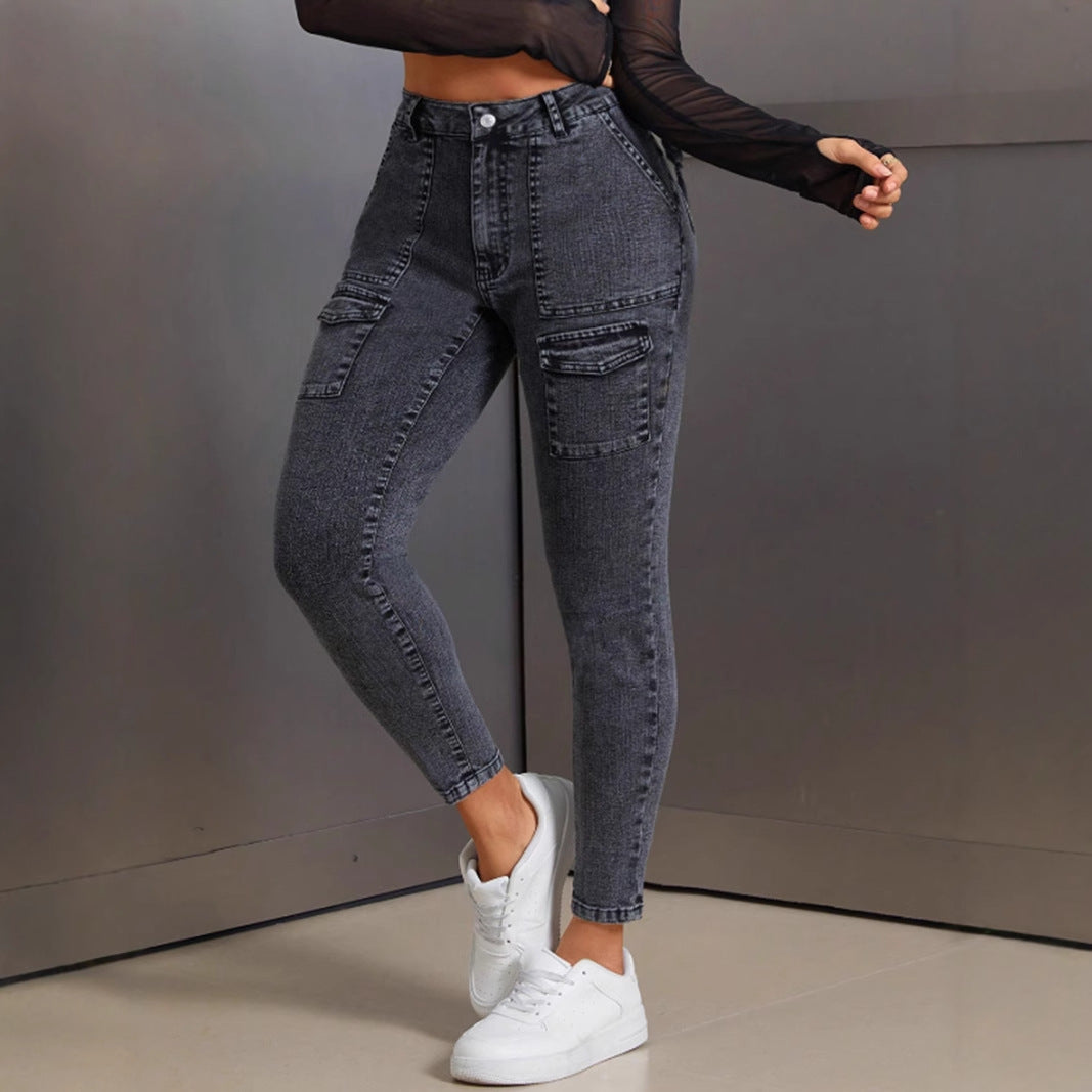 Damen High-Waist Jeans Slim Fit mit Pattentaschen Eveloria