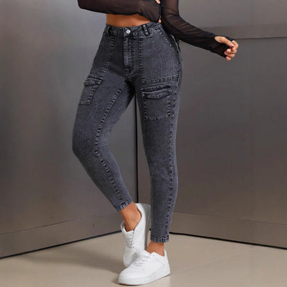 Damen High-Waist Jeans Slim Fit mit Pattentaschen Eveloria