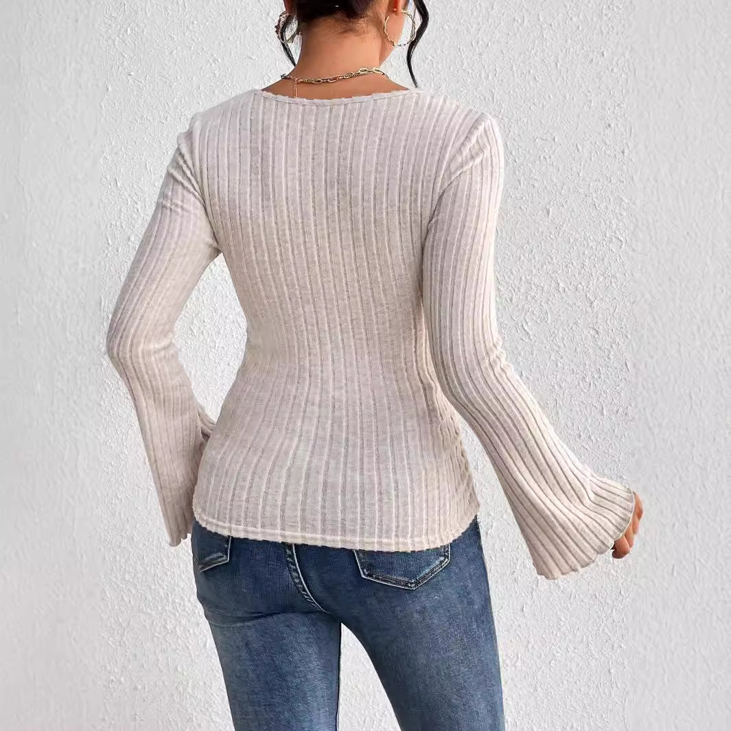Damen Langarmshirt V-Ausschnitt Rüschen Details Eveloria