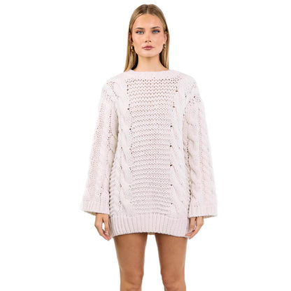 Damen Grobstrickpullover Zopfmuster Lässig Beige