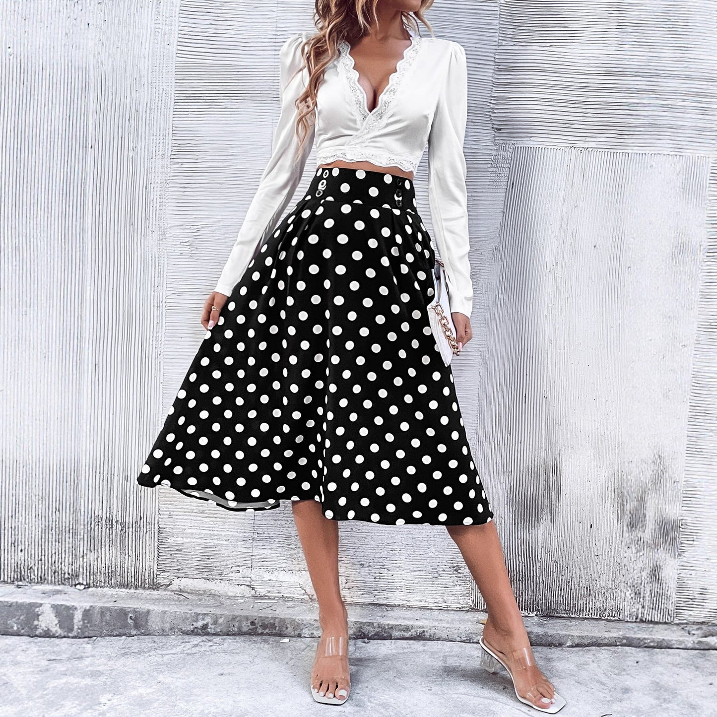 Damen Midirock Hohem Bund Punkte-Design Eveloria