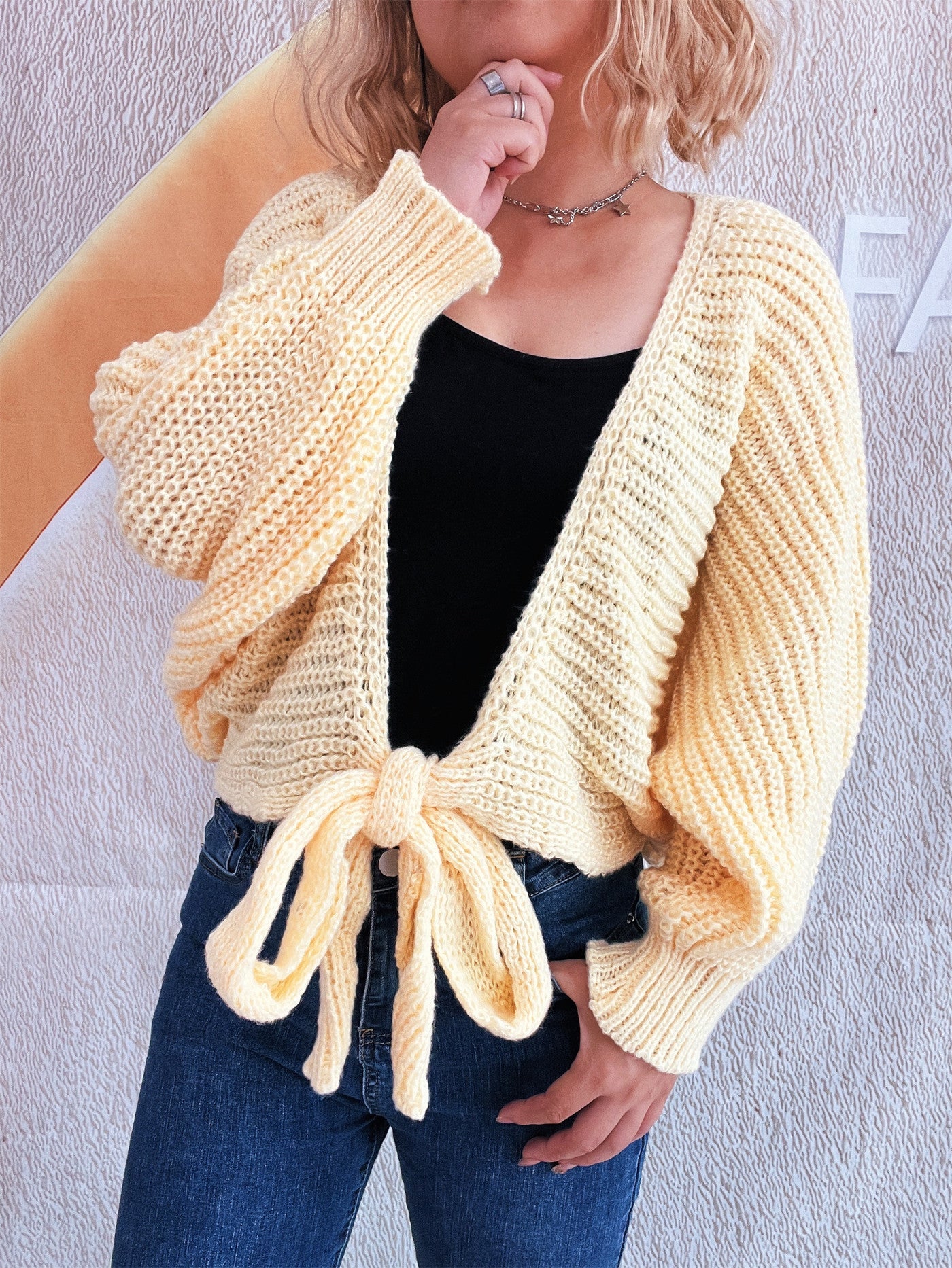 Damen Strickcardigan Oversize mit Bindebändern Beige