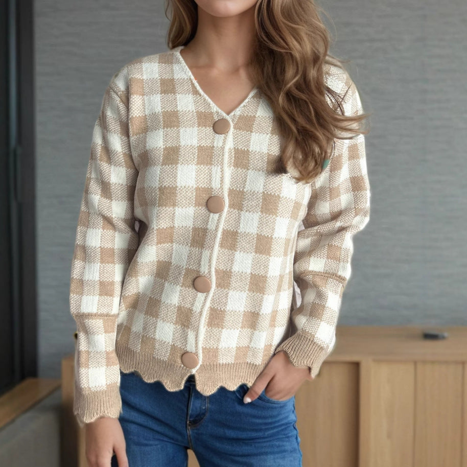 Damen Strickjacke Kontrastmuster Knöpfe Eveloria