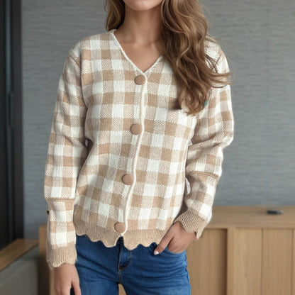 Damen Strickjacke Kontrastmuster Knöpfe Eveloria