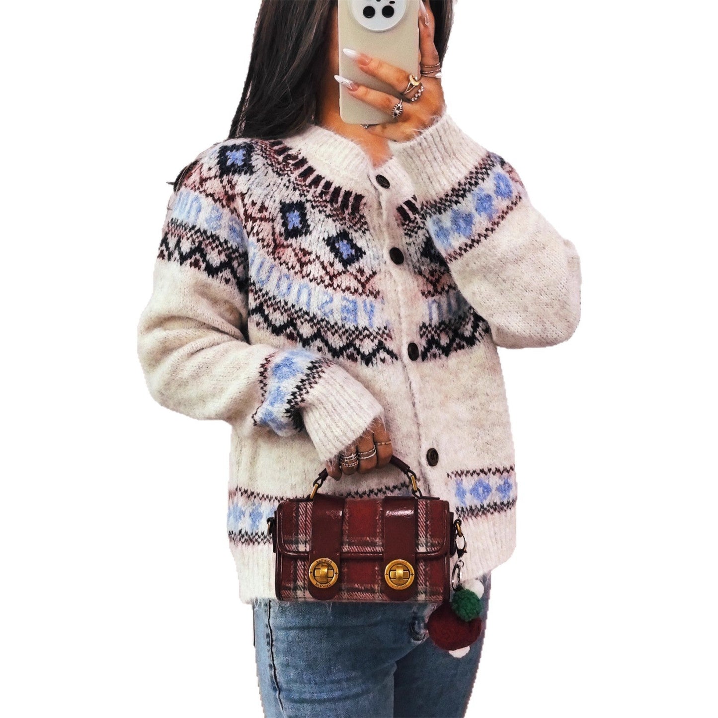 Damen Strickjacke Kuschelig Traditionelle Muster Knopfverschluss
