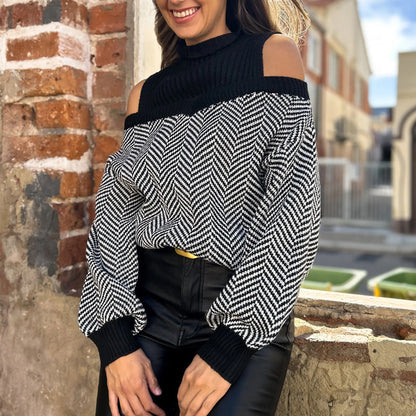 Damen Pullover Zickzackmuster Schulterauschnitt Eveloria