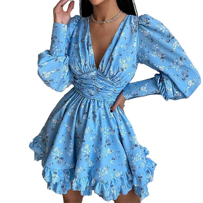 Damen Blumenkleid Voluminöse Ärmel Geraffter Rock Eveloria