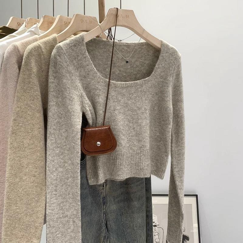 Damen Kurzpullover Quadrat-Ausschnitt Feinestricks Eveloria