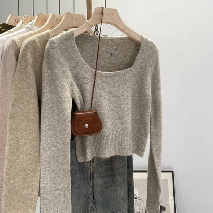Damen Kurzpullover Quadrat-Ausschnitt Feinestricks Eveloria